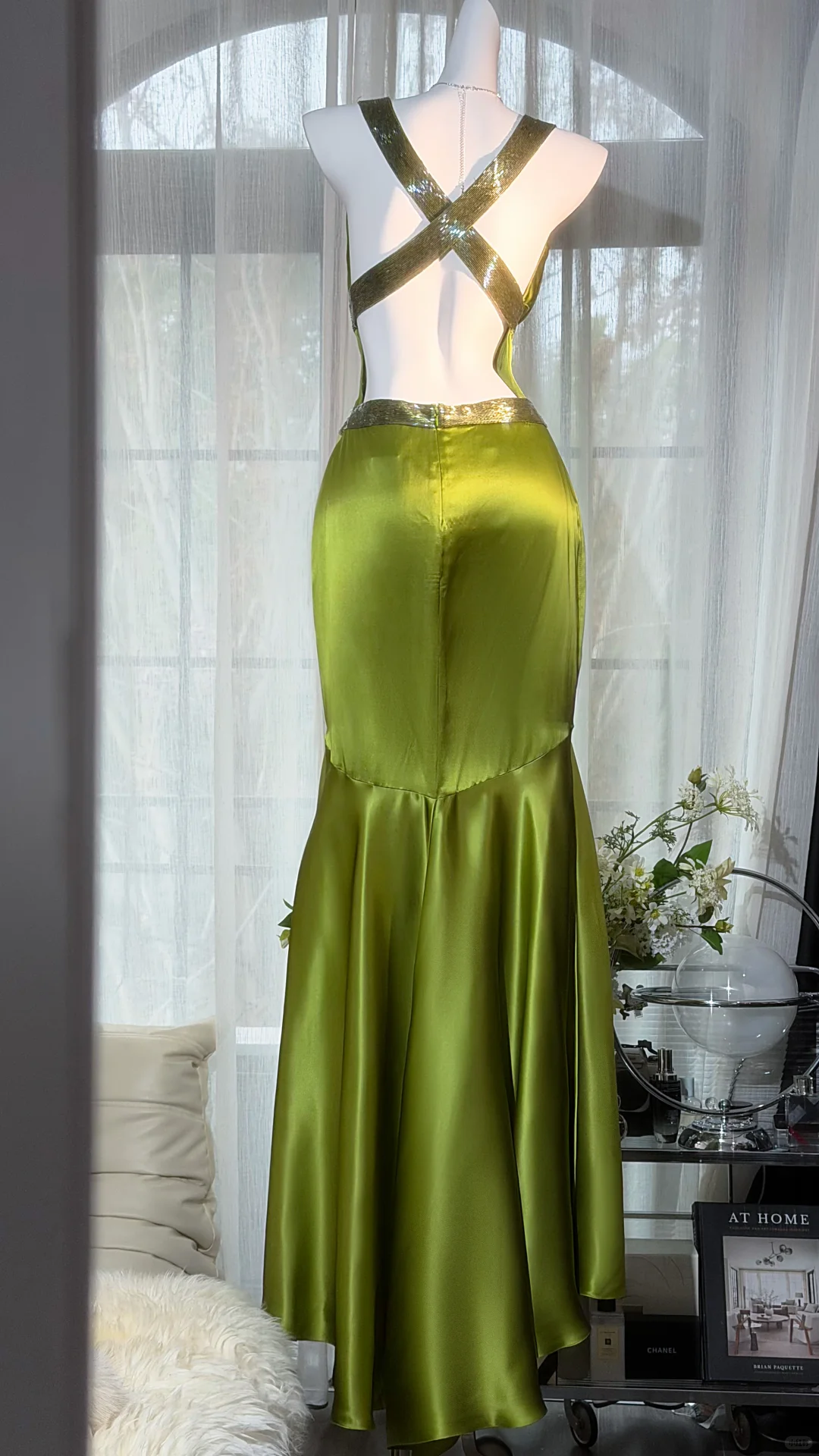 Olive Green Deep V Halter Satin Mermaid Long Evening Dress with Beaded Waistband, Prom Gown gh9531