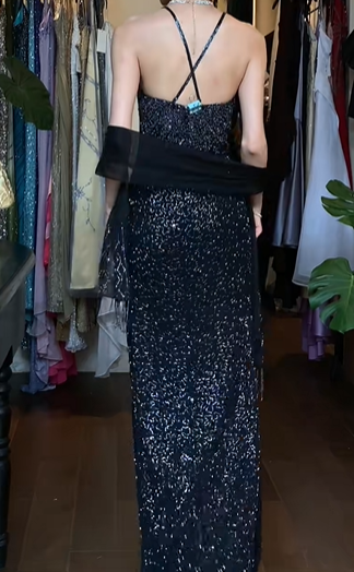 Black Vintage Prom Dress Halter Full Sequin Beaded Bodycon Side Slit With Fringe Shawl Long Evening Gown gh9610