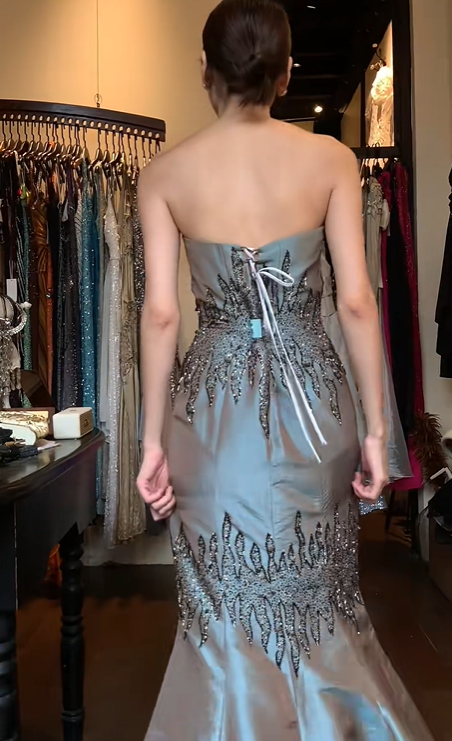 Dusty Blue Satin Strapless Tube Evening Gown Hand Beaded Rhinestone Mermaid Long Prom Dress gh9724