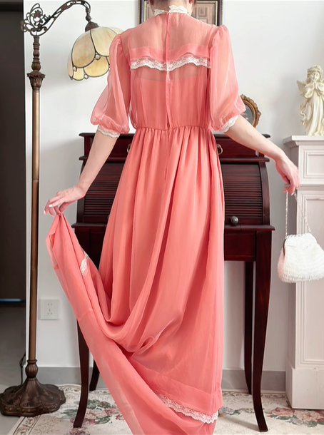 Peach‑Pink Vintage Edwardian Maxi Evening Gown, Sheer High Neck, Puff Mid‑Length Sleeves, White Lace Trim Accents, Elastic Waistband, Flowy Chiffon Full Skirt, Retro Garden Party Formal Dress gh8841