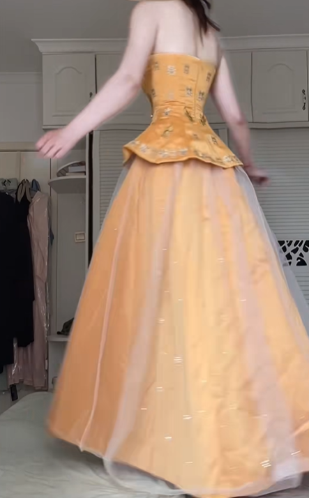 Golden Strapless Evening Gown, Gold Embroidery Beaded Peplum Satin Tulle Floor‑Length Prom Dress gh9057