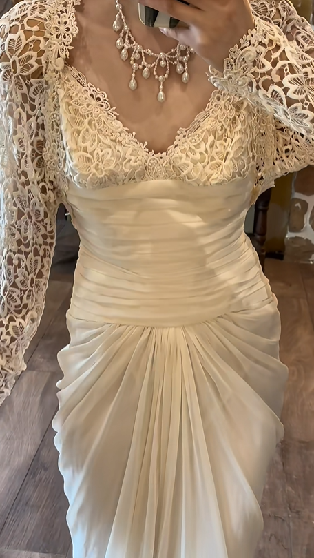 Ivory White Vintage Greek Wedding Gown, V‑Neck Lace Slip With Lace Long‑Sleeve Bolero Ruched Waist Draped Chiffon Bridal Dress gh9075