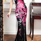 Black‑Pink Contrast Vintage Halter One‑Shoulder Prom Gown, Abstract Floral Print Satin Fitted Mermaid Bodice, Large Black Pleated Mermaid Skirt, Draped Floor‑Length Silhouette, Sexy Evening Prom Dress gh8791