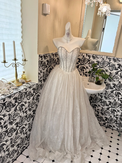 Ivory Shawl with Silver Rhinestones, Waist-Cinched Full Flared Skirt Elegant Romantic Dress, Wedding Gown gh7684