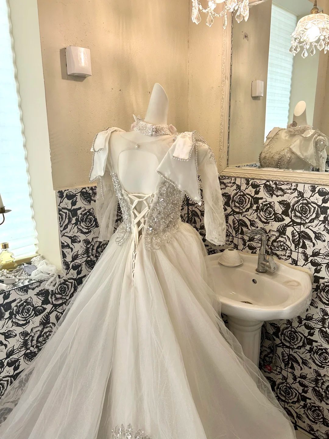 Ivory Rhinestone Cinched Waist Figure-Flattering Voluminous Skirt Long Premium Romantic Dress, Wedding Gown gh7811