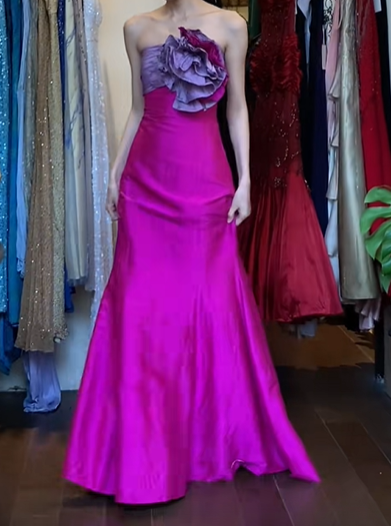 Fuchsia Strapless Long Formal Gown Purple 3D Flower Satin Mermaid Prom Dress gh9635