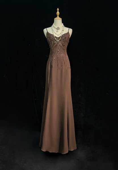 ✨Girlhomeshops-Coffee Spaghetti Strap Butterfly Beaded Chiffon Mermaid Evening Gown gh10279