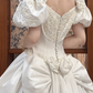 White Satin Vintage V‑Neck Puff Short Sleeve 3D Floral Lace Beaded Fitted Waist Full Flared Lace‑Hem Long Prom Gown, Wedding Dress gh8615