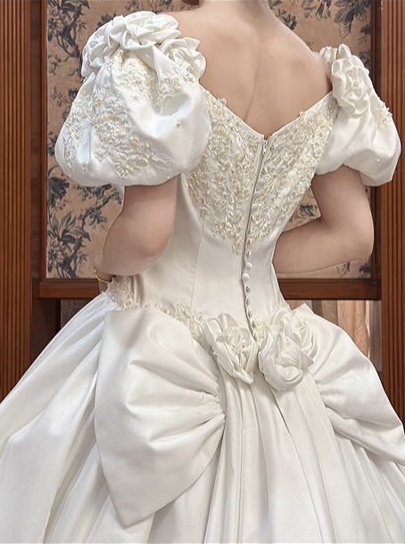 White Satin Vintage V‑Neck Puff Short Sleeve 3D Floral Lace Beaded Fitted Waist Full Flared Lace‑Hem Long Prom Gown, Wedding Dress gh8615