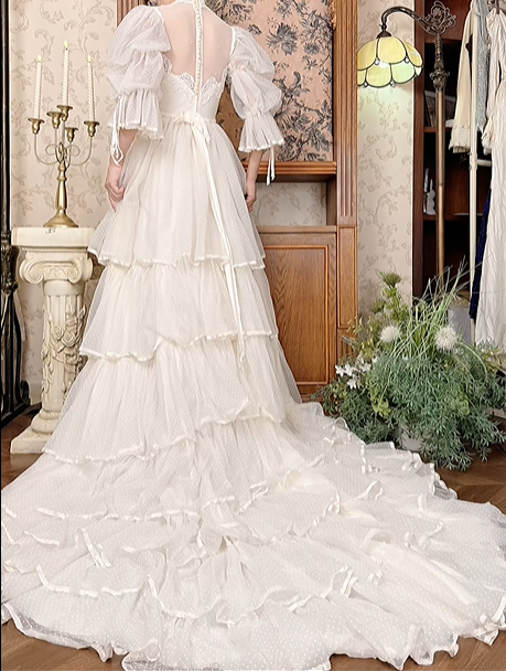 Off‑White Vintage Victorian High‑Neck Lace Bubble Flare Sleeve Tiered Ruffle Train Prom Gown, Wedding Dress gh8605