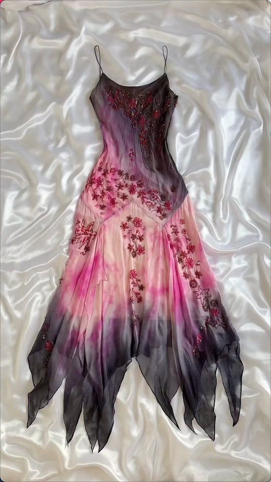 Robe de soirée longue en mousseline de soie à bretelles spaghetti et perles, magnifique et légère, dégradée de rose, gh3339