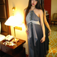 Grey Blue Ombre Halter Fitted Waist Long Vintage Elegant Prom Gown, Evening Party Dress gh8362