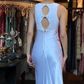 White Round Neck Satin Evening Gown Hand Beaded High Waist Long Prom Dress gh9677
