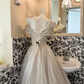 Light Champagne Off-the-Shoulder Waist-Cinched Full Flared Long Vintage Romantic Dress, Wedding Gown gh7591