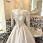 Ivory Long Sleeve Sheer Rhinestone Cinched Waist Full Flared Skirt Long Premium Vintage Romantic Dress, Wedding Gown gh7788