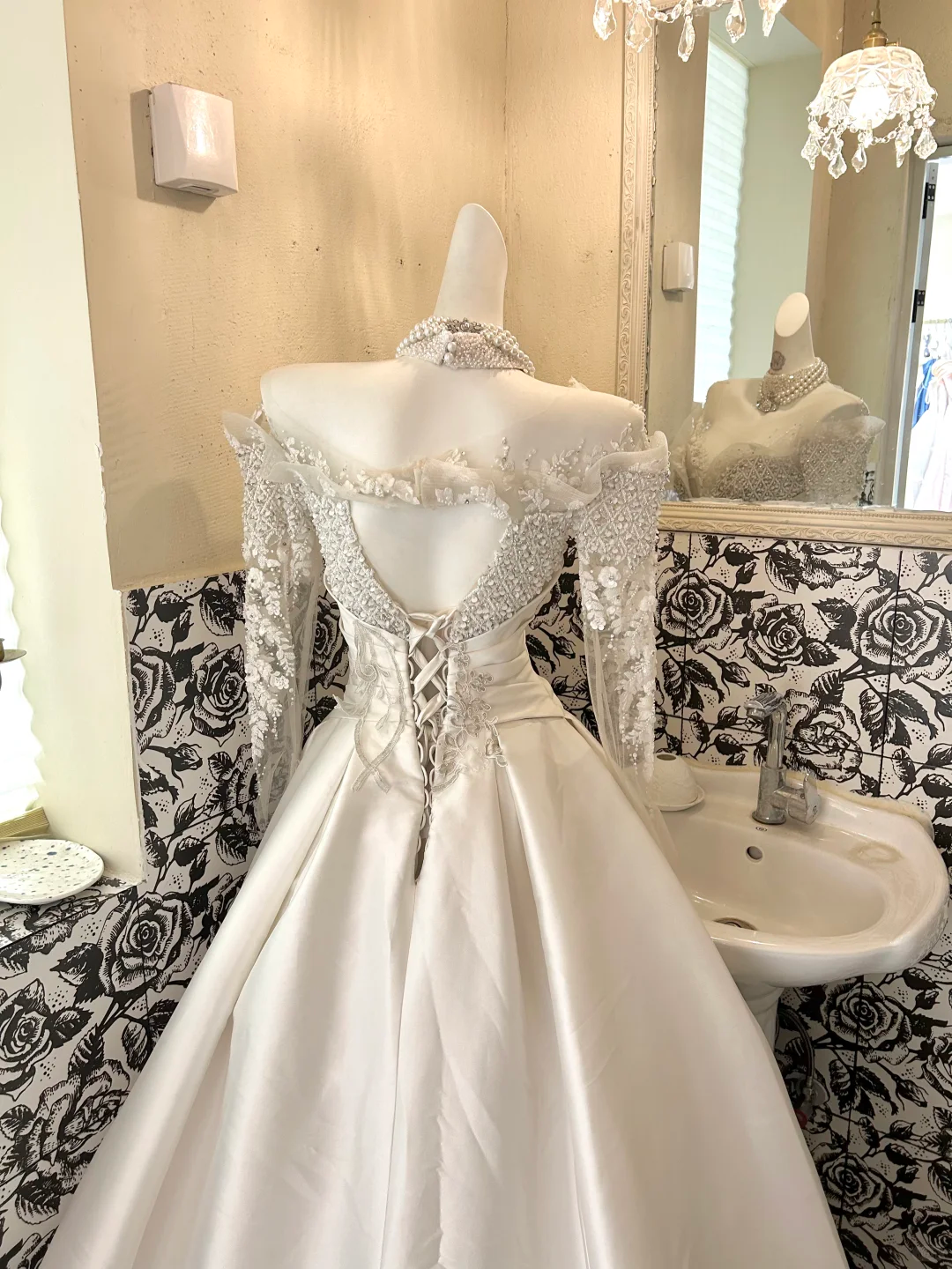 Ivory Long Sleeve Sheer Rhinestone Cinched Waist Full Flared Skirt Long Premium Vintage Romantic Dress, Wedding Gown gh7788