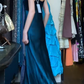 Teal Blue Black Vintage Prom Dress Wide Straps Square Neck Heavy Beaded Bodice Satin A-Line Long Evening Gown gh9627