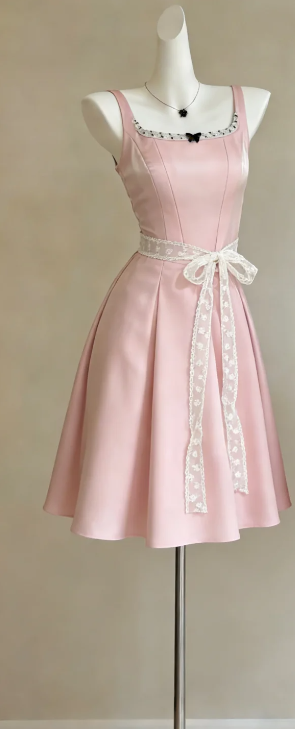 Square Neck Light Pink Satin Short Prom Gown Beaded Trim Butterfly Decor A-Line Skirt Lace Belt Cocktail Dress gh9475