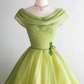 Sage Green 1950s Vintage Midi Evening Dress, Off‑Shoulder Draped Cowl Neck Fitted Bodice Satin Bow Organza Swing Skirt Cocktail Gown gh9086