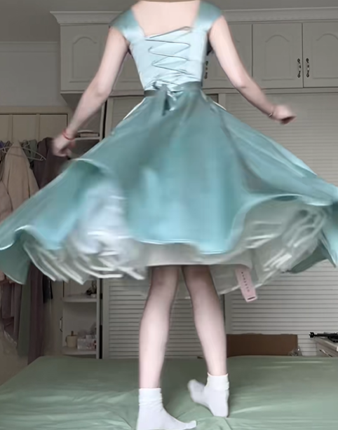 Mint‑Green Satin A‑Line Midi Prom Gown, Square‑Neck Cap‑Sleeve 3D‑Shoulder‑Bow Irregular‑Hem Evening Dress gh9043
