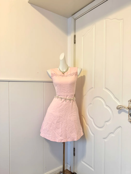 Light Pink Homecoming Dress Sleeveless Round Neck Lace Trim A-Line Cocktail Party Gown gh9373