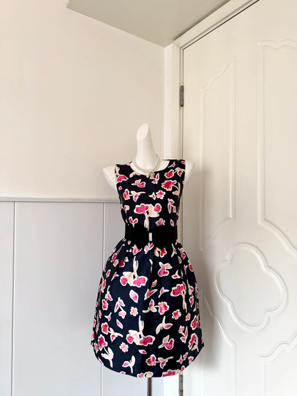 Navy Floral Print Homecoming Dress Sleeveless Round Neck A-Line Cocktail Party Gown gh9390