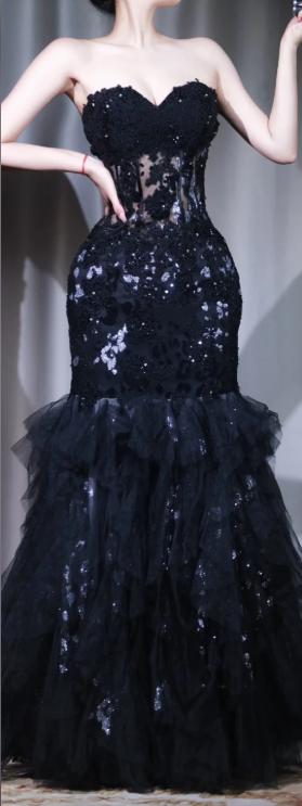 ✨Girlhomeshops-Strapless Black Sweetheart 3D Floral Tiered Tulle Mermaid Evening Dress gh10008