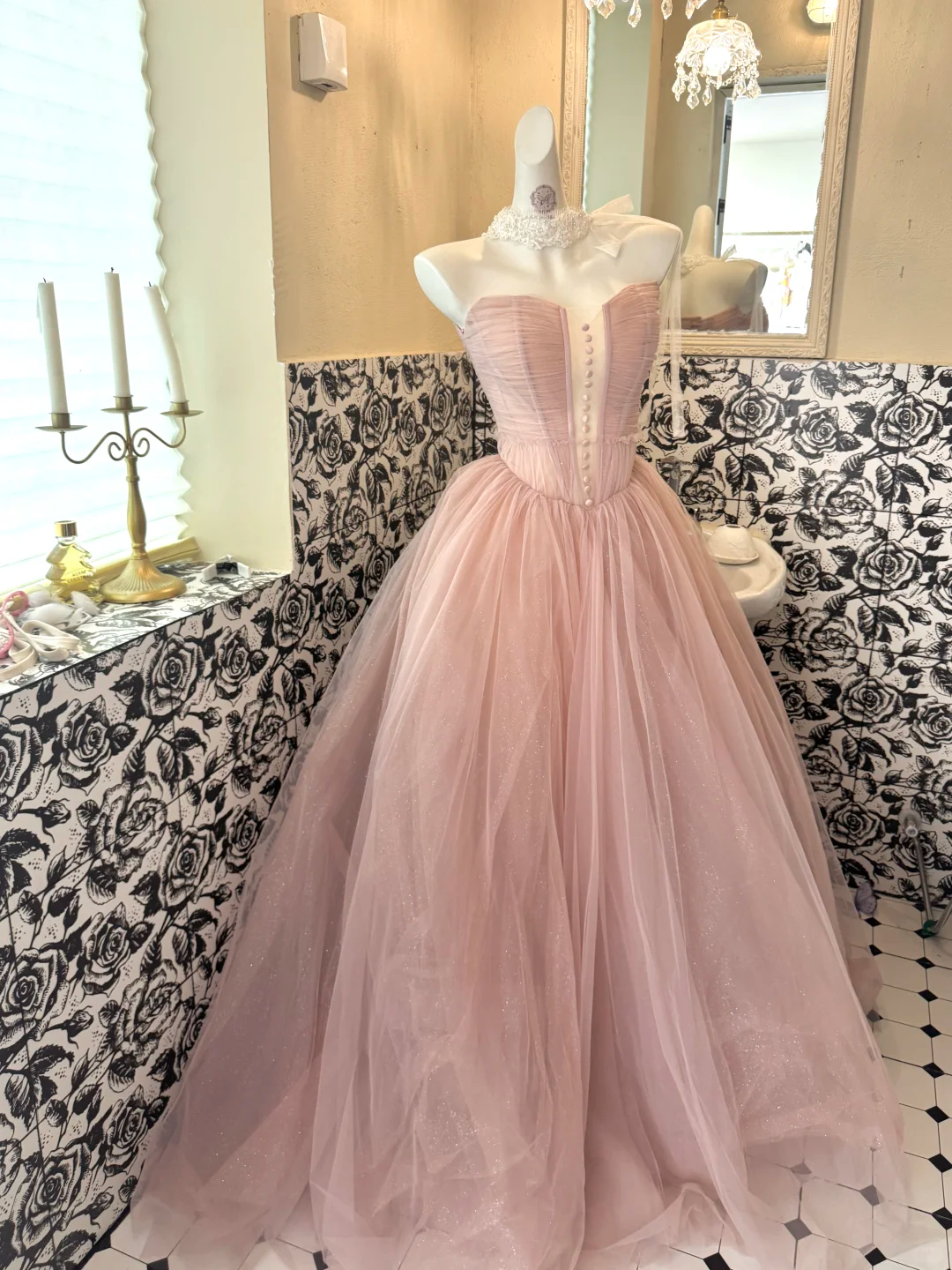 Blush Pink Strapless Cinched Waist Voluminous Skirt Long Romantic Dress, Wedding Gown gh7791