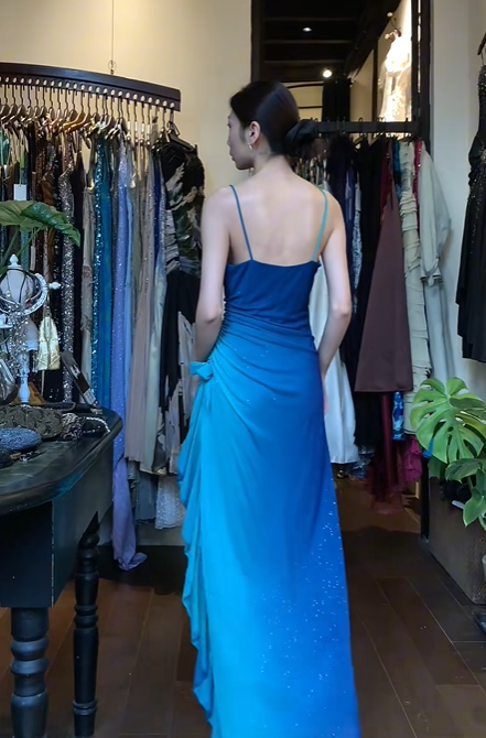 Blue Ombre Spaghetti Strap Long Formal Gown Hand Beaded Ruffle Bow Evening Dress gh9651