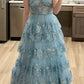 girlhomeshops-Grau/Blau Langes Prinzessinnen-Abschlussballkleid mit glitzernden Pailletten und langem Tüll gh5925