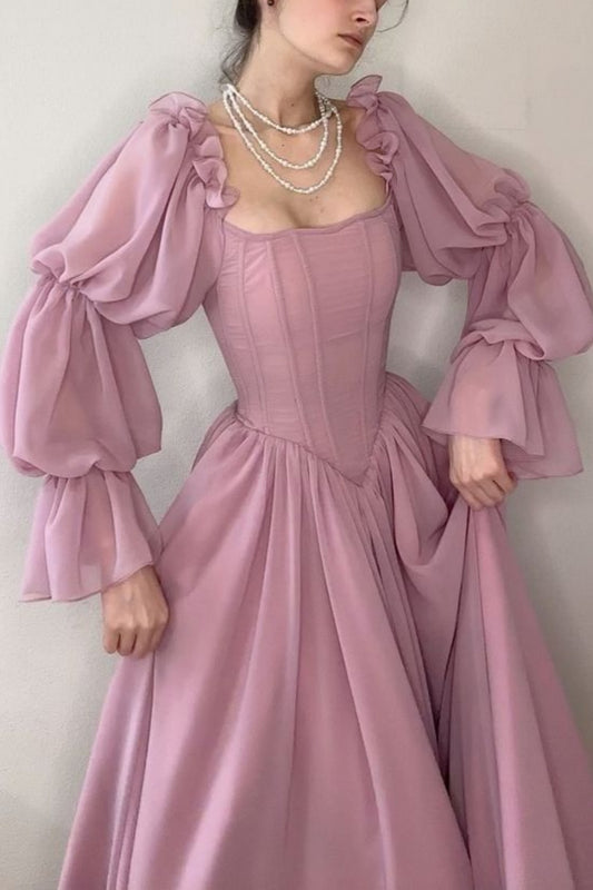 girlhomeshops-Retro, elegant, flowing A-line long-sleeved, corseted chiffon prom dress gh5754