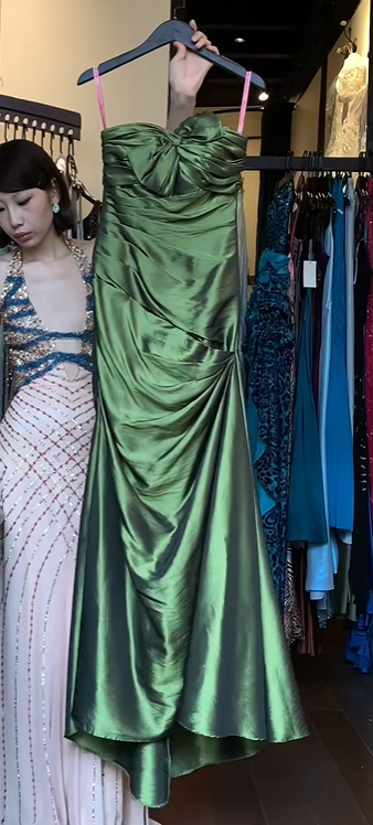 Olive Green Metallic Satin Strapless Evening Gown Big Bow Ruched Long Formal Prom Dress gh9742