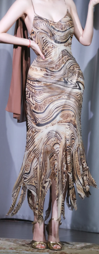 ✨Girlhomeshops-Spaghetti Strap Leopard Swirl Print Midi Dress Backless Beaded Irregular Ruffle Evening Gown gh10048