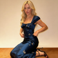 Satin Square Neck Puff Sleeve Maxi Dress - Crystal Embellished Backless Elegant Gown gh6974