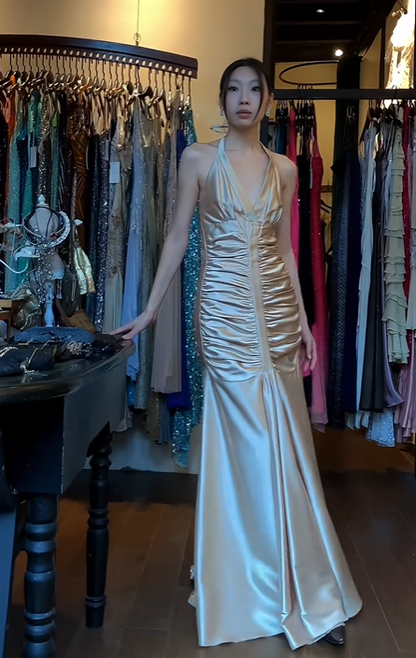 Halter Deep V Champagne Satin Evening Gown Front Ruched Mermaid Long Prom Dress gh9693