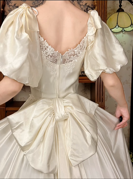 Long Prom & Wedding Dress, Off‑White With Puff Sleeves, Fitted Waist, Full Flared Skirt gh8608