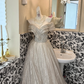 Light Champagne Off-the-Shoulder Waist-Cinched Full Flared Long Vintage Romantic Dress, Wedding Gown gh7591