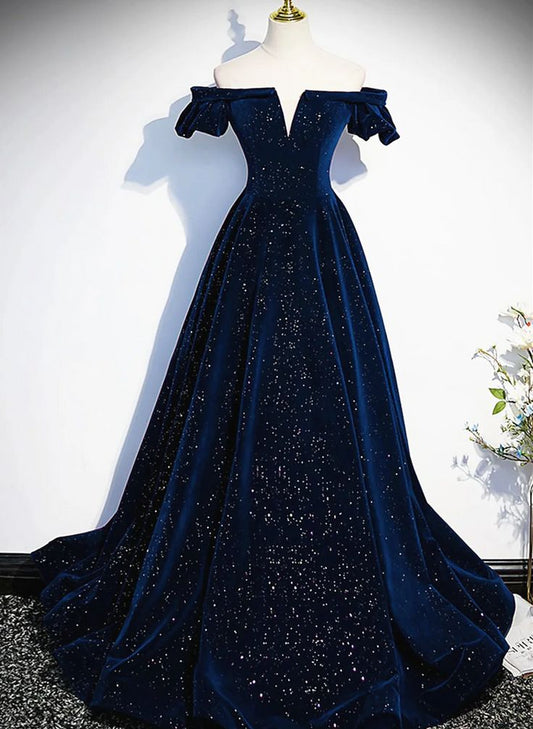 Robe de soirée élégante longue en velours brillant bleu foncé/bordeaux gh3211