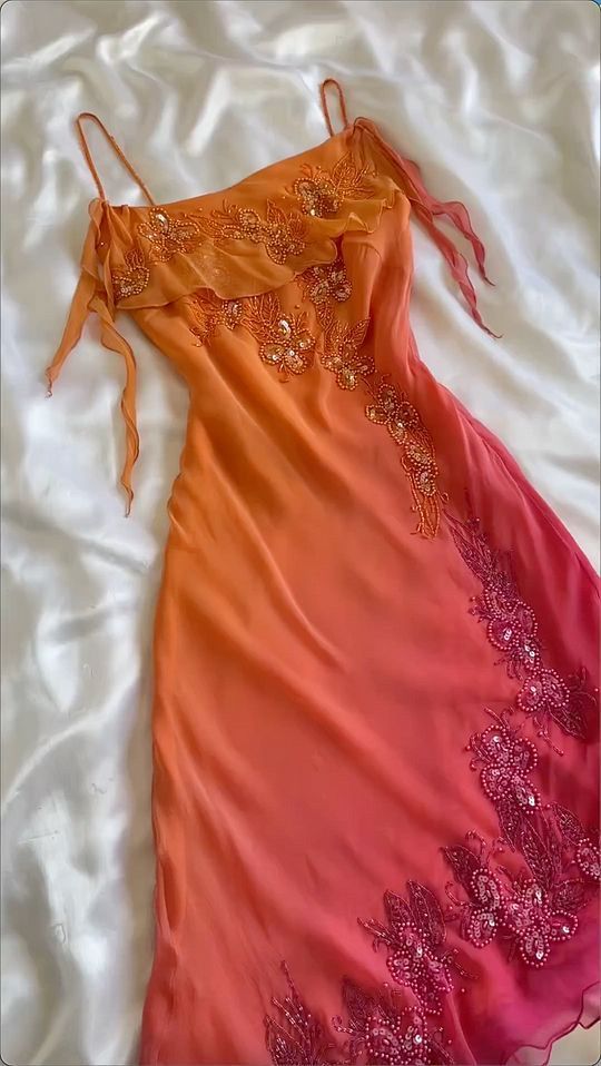 Orange Gradient Exquisite Beaded Spaghetti Strap Midi Chiffon Slim Ball Gown Evening Dress Party Dress Prom Dress gh3214