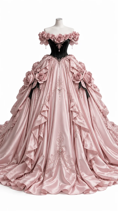 ✨Girlhomeshops-Dusty Pink Off Shoulder Ball Gown Black Corset with 3D Roses & Embroidery gh10312