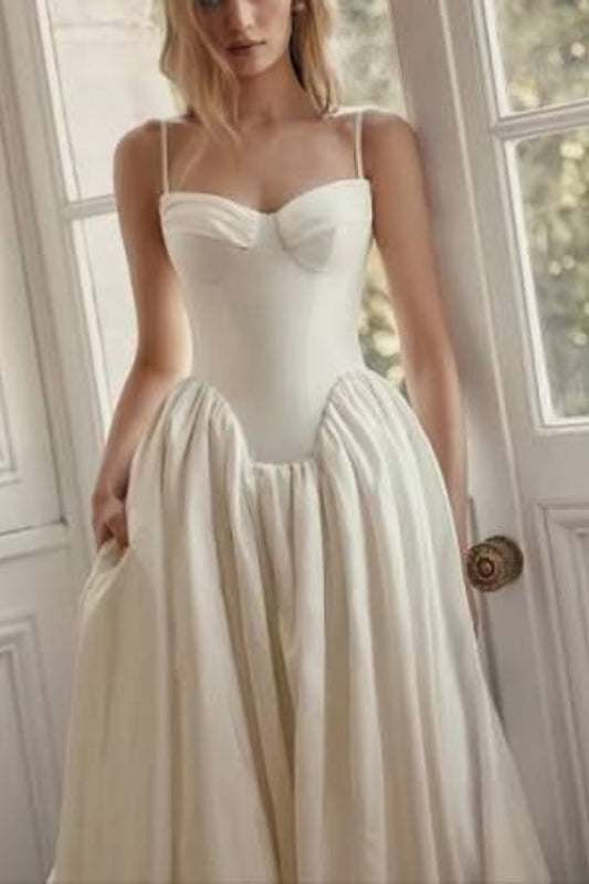 French Light Retro Spaghetti Strap Bustier Gown | Satin Waist-Fitted Maxi Dress with Full Skirt for Outdoor Wedding Engagement Luxury Dinner Party Bridesmaid Dresses gh6417