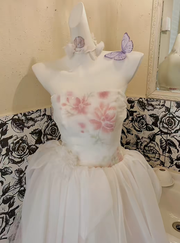 White Strapless Cinched Waist Pink Printed Full Flared Skirt Long Romantic Dress, Wedding Gown gh7822