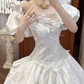White Vintage Satin Ball Gown Wedding Prom Dress, Off‑the‑Shoulder Puff Short Sleeves, Floral Lace Appliqués, Scalloped Lace Hem gh8702