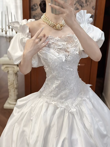 White Vintage Satin Ball Gown Wedding Prom Dress, Off‑the‑Shoulder Puff Short Sleeves, Floral Lace Appliqués, Scalloped Lace Hem gh8702
