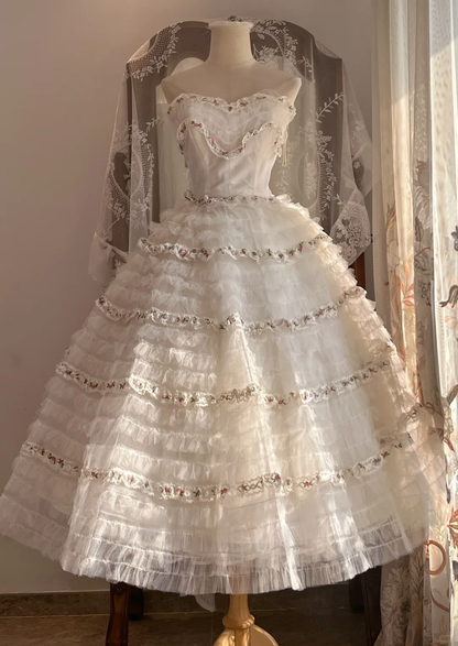 White Strapless Vintage Princess Midi Gown, Tiered Tulle Party Dress gh9318