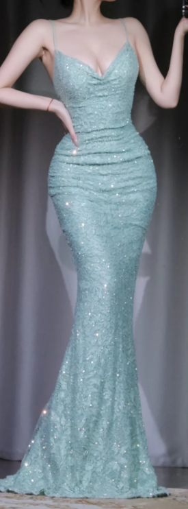 ✨Girlhomeshops-Mint Green Lace Sequin Spaghetti Strap Mermaid Prom Dress Sweep Train gh10032