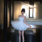 Women Dreamy White Wide Strap Homecoming Dress Heart Neck Bow Pearl Chain Boned Corset Multi-Layer Tulle Short Prom Gown gh9438