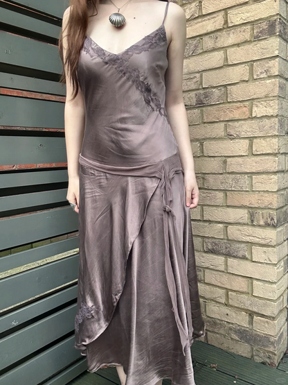 Dusty Taupe Vintage Luxury Satin Spaghetti Strap Fitted Waist Prom & Evening Party Dress gh8440