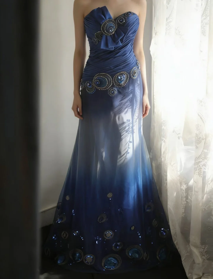 Strapless Navy Ombre Mermaid Evening Gown, Draped Bodice Large Bow Peacock‑Motif Beaded Sequin Appliqué Gradient Tulle Formal Prom Dress gh9119