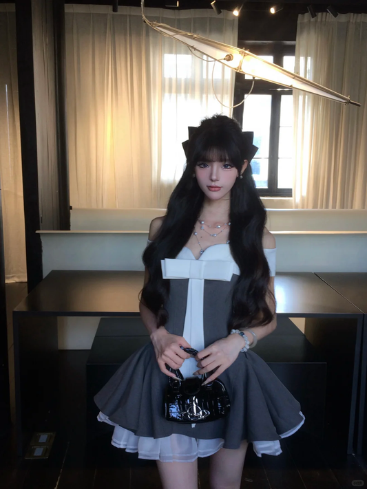 Women Sweet Cool Grey Color Block Homecoming Dress Off Shoulder Big Bow Tie Boned Corset Layered Tulle Short Prom Gown gh9444